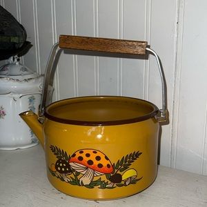 Vintage Merry Mushroom MCM Sears wood handle enamel teapot kettle 70s